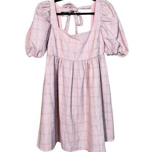 Jacquie The Label Large Babydoll Puff Sleeve Houndstooth Plaid Mini Dress Pink